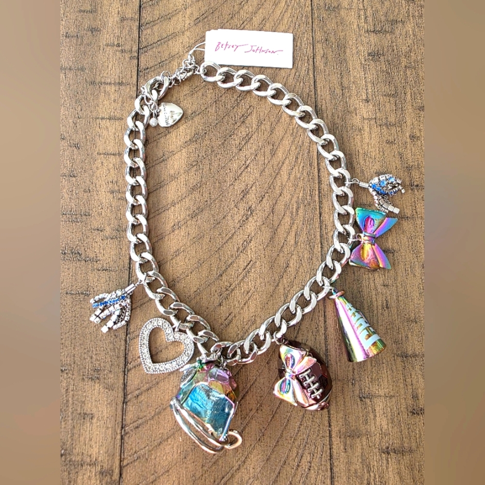 Betsey Johnson Football / Cheer / Heart / Bow / Bling Charm Necklace